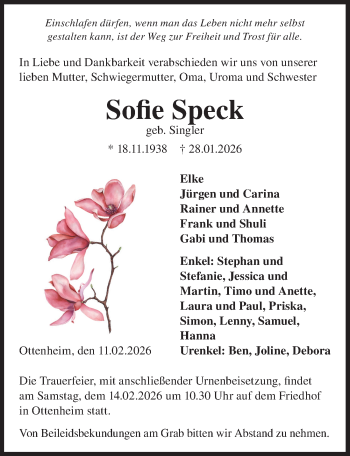 Traueranzeige von Sofie Speck von Schwarzwälder Bote