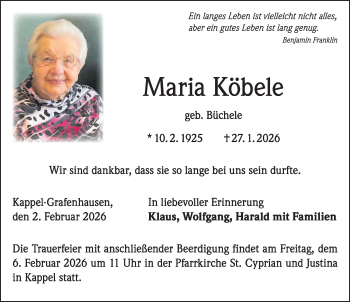 Traueranzeige von Maria Köbele von Schwarzwälder Bote