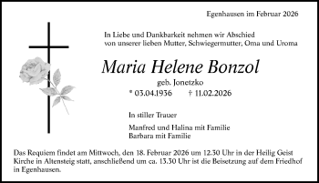 Traueranzeige von Maria Helene Bonzol von Schwarzwälder Bote