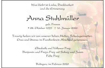 Traueranzeige von Anna Stuhlmüller von Schwarzwälder Bote