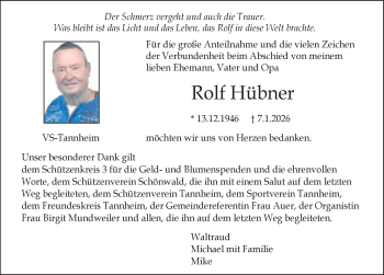 Traueranzeige von Rolf Hübner von Schwarzwälder Bote