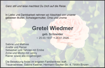 Traueranzeige von Gretel Wiedmer von Schwarzwälder Bote