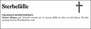 Traueranzeige von Totentafel vom 03.02.2026  von Schwarzwälder Bote