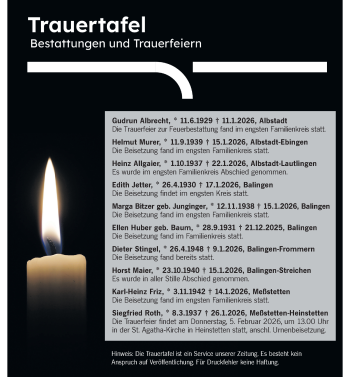 Traueranzeige von Trauertafel vom 03.02.2026  von Schwarzwälder Bote