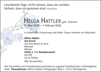 Traueranzeige von Helga Hattler von Schwarzwälder Bote