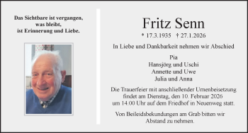 Traueranzeige von Fritz Senn von Schwarzwälder Bote