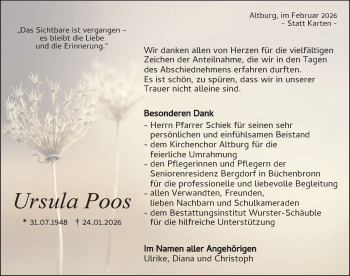 Traueranzeige von Ursula Poos von Schwarzwälder Bote