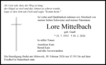 Traueranzeige von Lore Mittelbach von Schwarzwälder Bote
