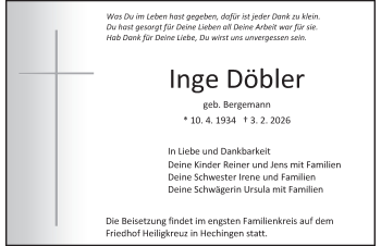 Traueranzeige von Inge Döbler von Schwarzwälder Bote