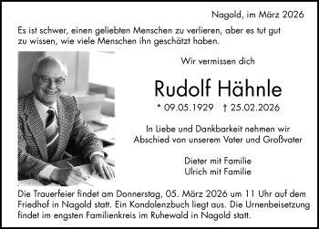 Traueranzeige von Rudolf Hähnle von Schwarzwälder Bote