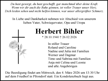 Traueranzeige von Herbert Bihler von Schwarzwälder Bote