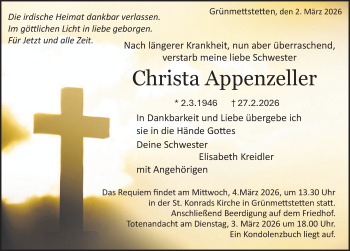 Traueranzeige von Christa Appenzeller von Schwarzwälder Bote