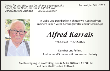 Traueranzeige von Alfred Karrais von Schwarzwälder Bote